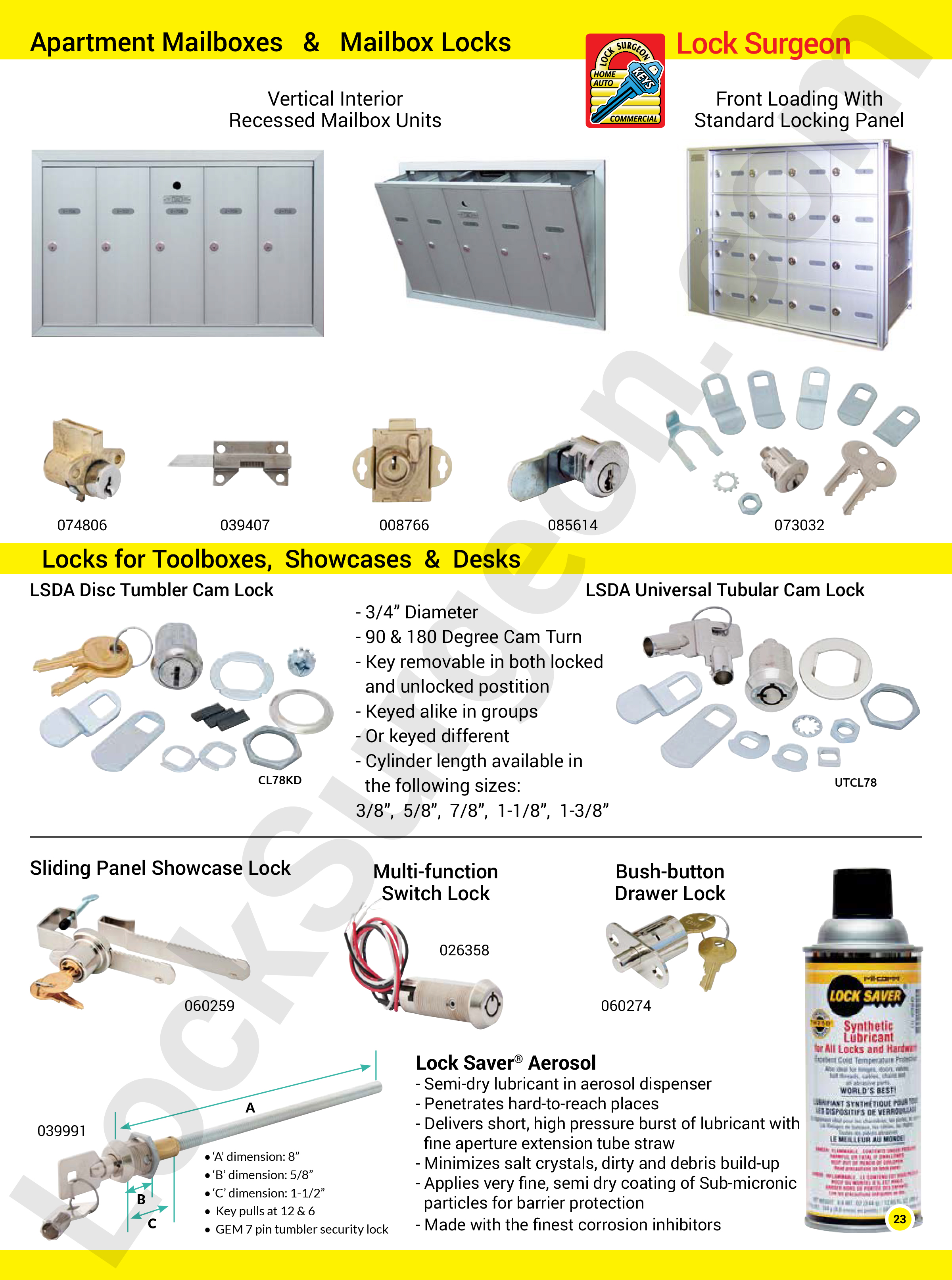 Lock Surgeon carry vertical interior recessed mailbox units, front loading with standard locking panel as well as replacement locks and keys. Tumbler cam locks for toolboxes, showcases and desks. Sliding panel showcase locks, multi-function switch locks, Push-button drawer locks for all your tumbler cam lock needs.